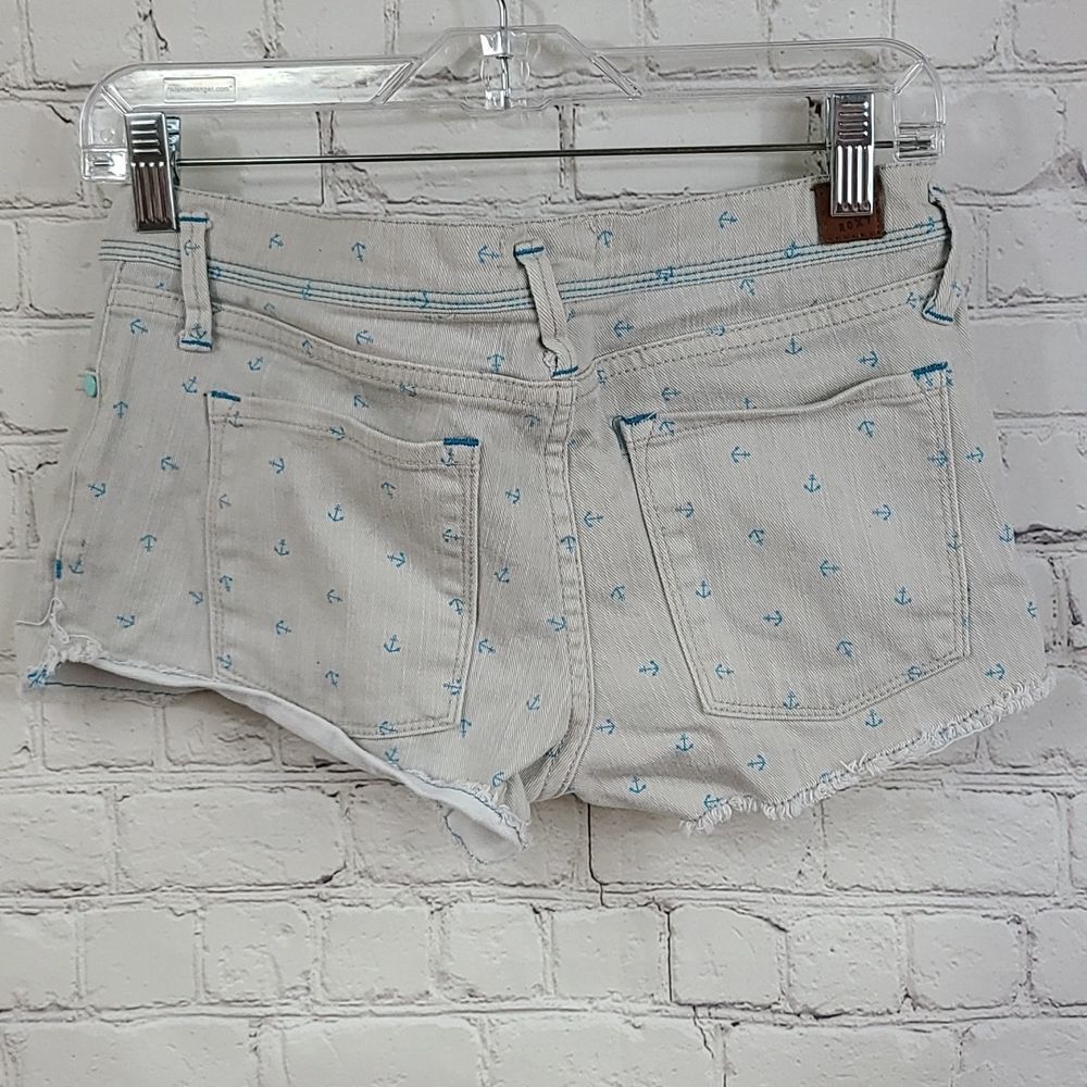 Roxy Anchor Print Denim Cutoff Shorts Gray Turquoise Nautical Shortie 5/27 Surf - Picture 10 of 11